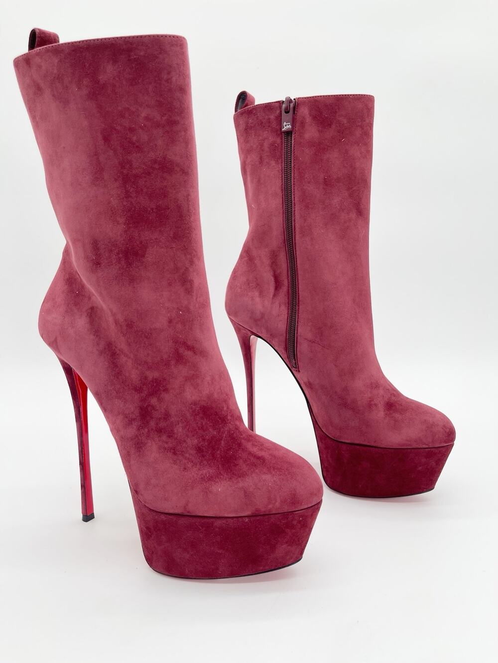 Christian Louboutin Burgundy Suede Dolly Booty Alta Platform Ankle Boots EU 41